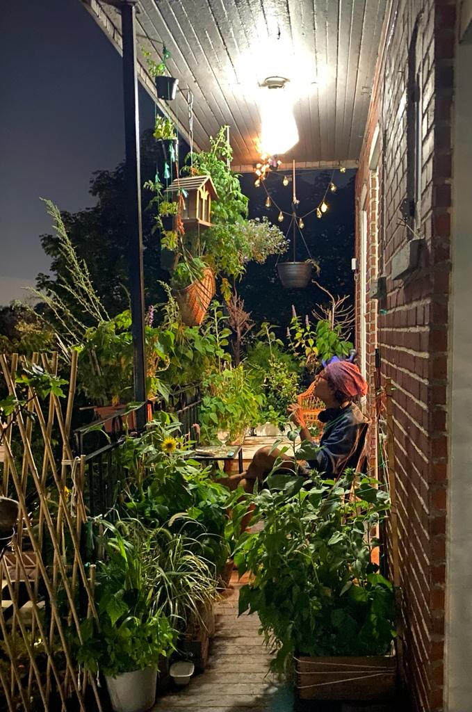 Ulysses Castellanos in his garden work/installation, AlphaBrainWaveGenerator One (chlorophyl orgonic version) 2020.
